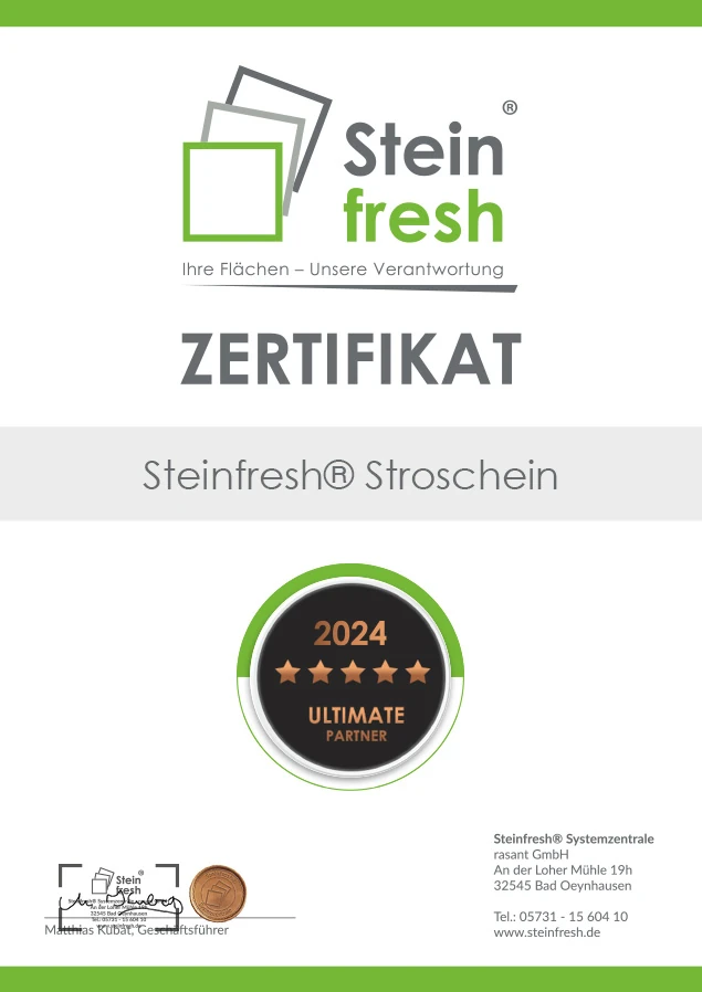Zertifikat von Steinfresh für Steinreinigung, 2024 als Ultimate Partner ausgezeichnet.