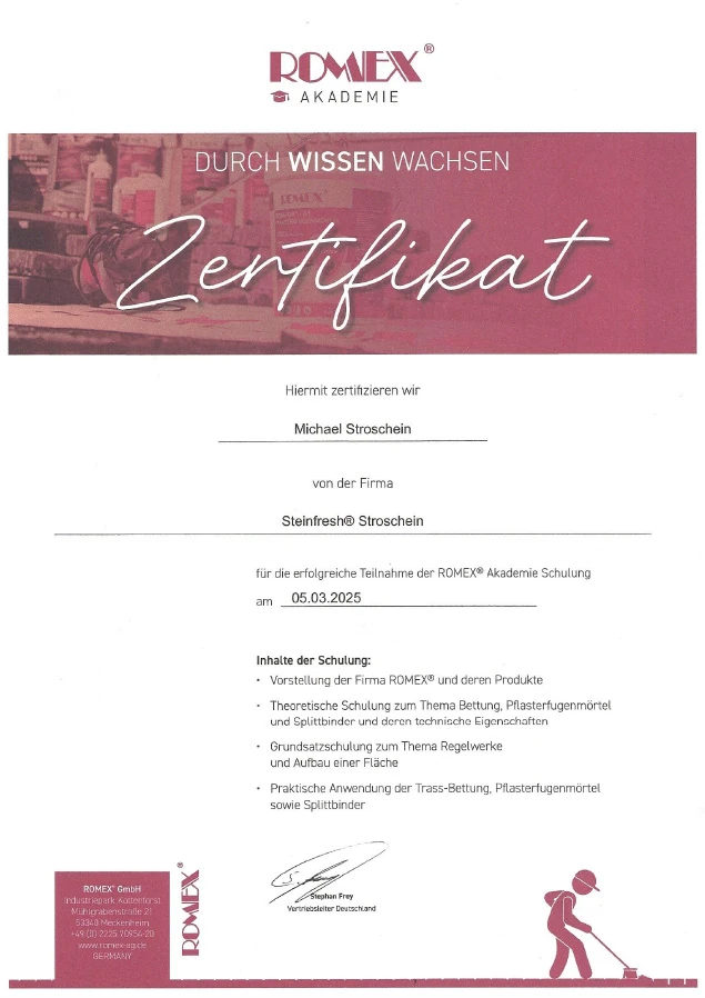Zertifikat der ROMEX Akademie für erfolgreiche Schulung zu Pflasterfugenmörtel und Splitten.